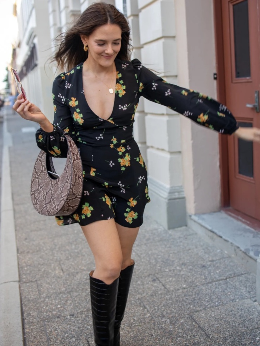 REALISATION PAR Mini Dress in Black with Yellow Blossom